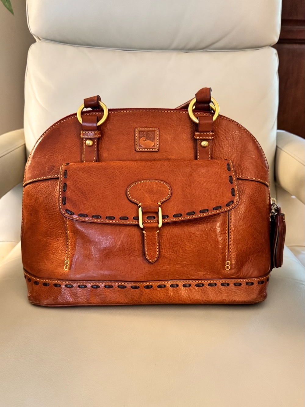 Dooney & Bourke Brown Leather Dome Satchel with Gold Hardware